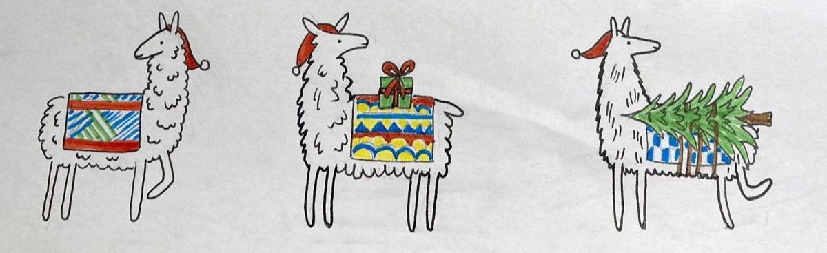 a drawing of three festive llamas, dressed for christmas